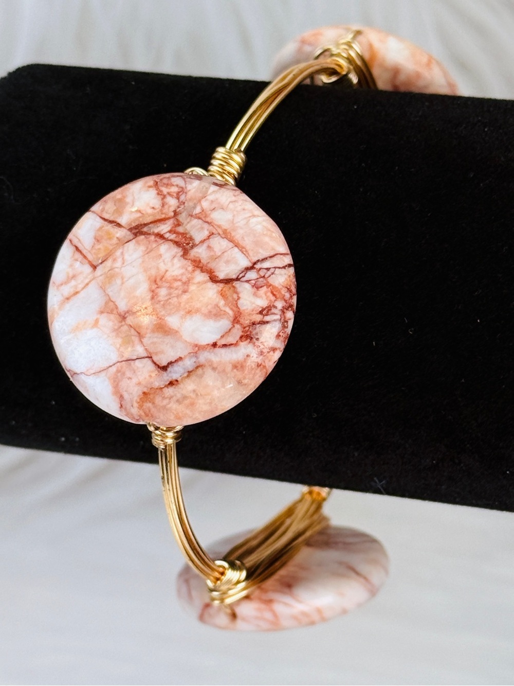 Wired wrapped goldtone, three stone bangle bracelet